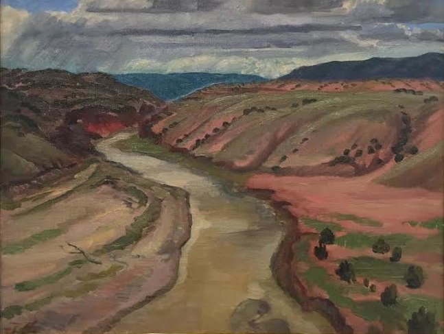 Santa Fe landscape loosely painted with river running between two deep cliffs
