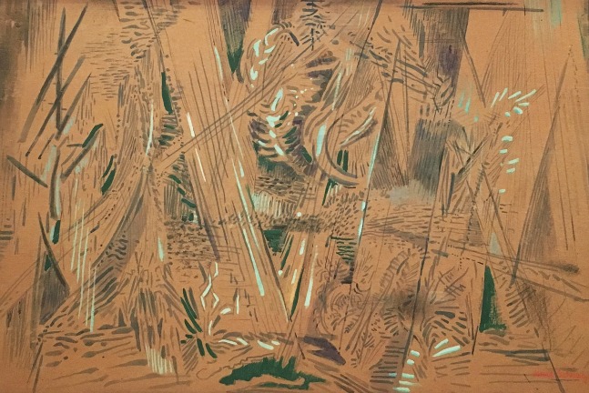 Monochromatic landscape of woods with rain