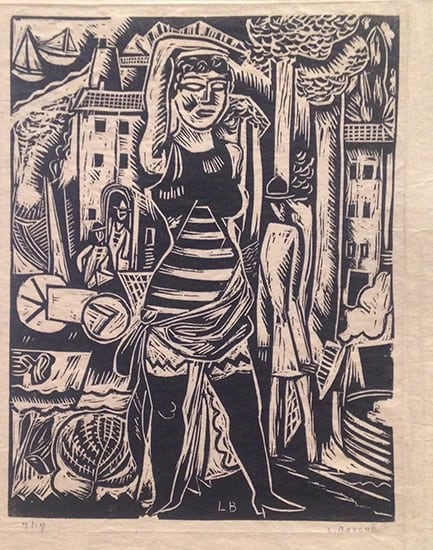 wood cut by Louis Bouché of woman in 1920s bathing suit