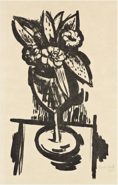 black lithograph of flowers in a goblet vase on a table