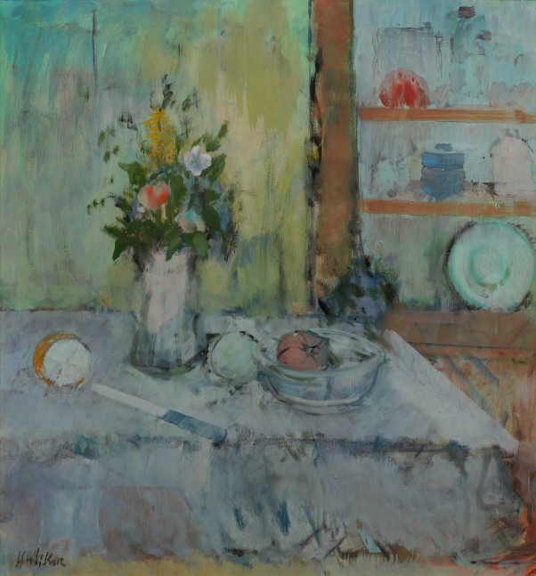 quite impressionist painting of flowers in a white vase on a table