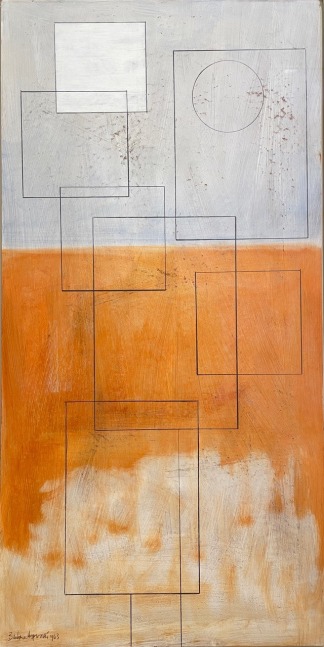 abstract painting with orange  and gray background and simple square and circles in black on top