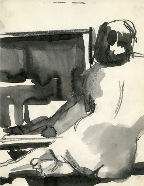wash drawing of the back of a seated model