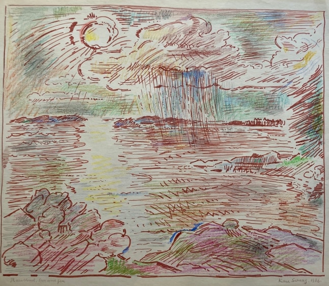 a sea scape drawn in red ink with sun in the background and rain
