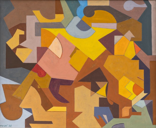 abstract forms in browns yellows purples and blues