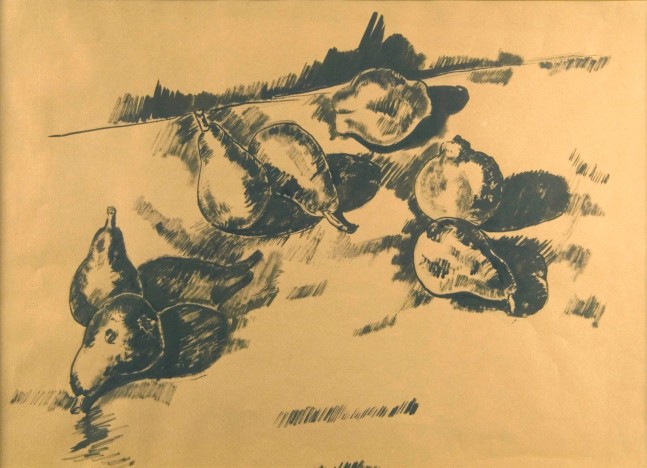 ink drawing of pears and pomegranate on a table