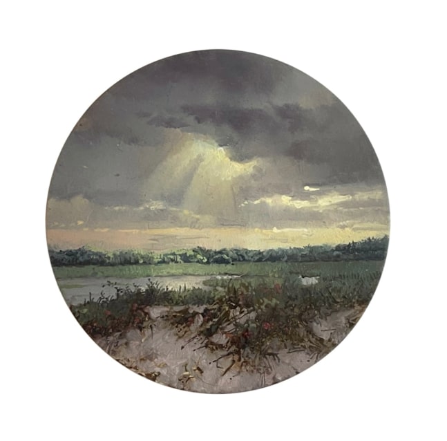 small round painting looking over marsh on Cape Cod