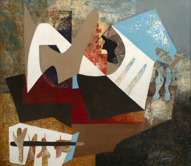 abstraction with black and white and blue shapes over a mottled painted background