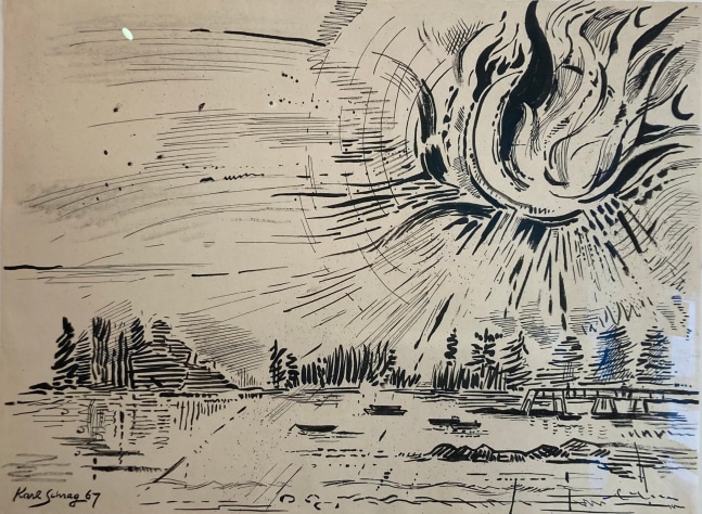 black and white drawing of a flaming sun setting over a cove in Maine