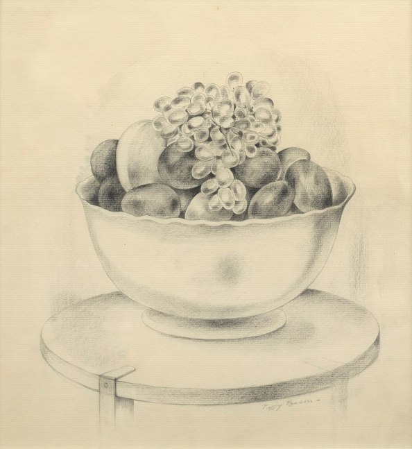 pencil drawing of a bowl of fruit including grapes and plums