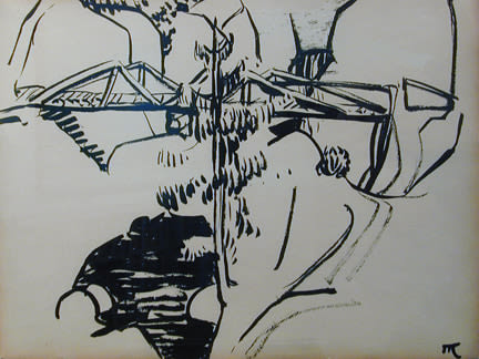 dark ink semi abstract drawing of bridge over a mountain pass