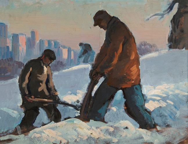 two large scale men shoveling snow with a manhattan skyline in the background