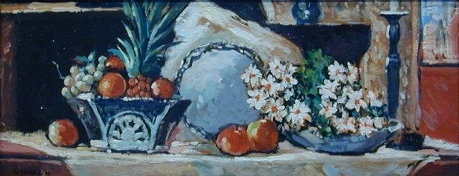 Gifford Beal (1879&amp;ndash;1956)

Still Life with Pineapple and Flowers (small version), circa 1940

Oil on wood

5.5 x 13 inches (14 x 33 cm)