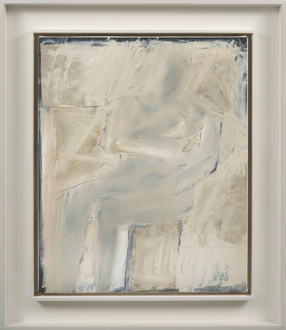 painted white and gray canvas collaged onto another canvas to look like brush strokes