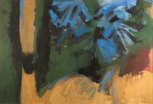 abstract painting in red blue ochre and green depicting the ruins in Dogtown, Massachusetts