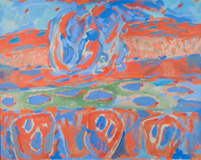 abstract landscape of hill in fall colors of red and blue