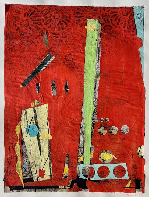red collage of the artist's prints to make a landscape with a barn