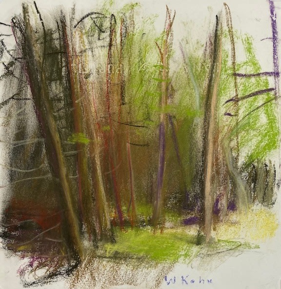 grove of trees in bright green with brown trunks