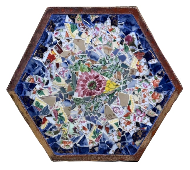 hexagon of pieces of broken ceramics of flowers