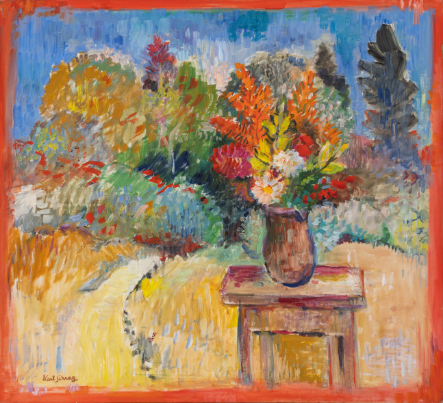 bouquet of flowers in a vase on a table in a meadow