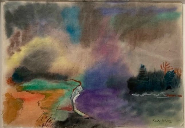 a very gluid watercolor with a shore path on the right and an island with dark trees on the right