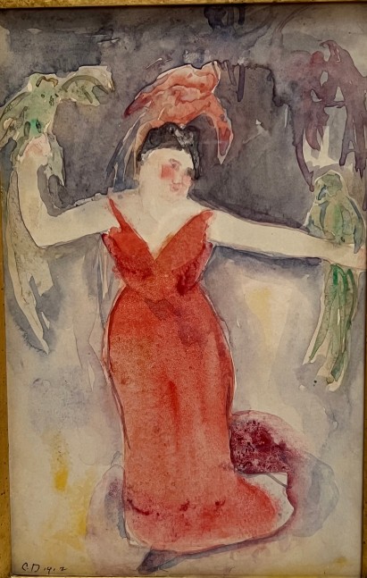 watercolor of a big woman with a parrot on her head