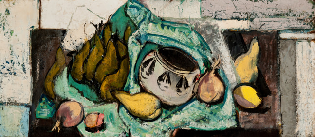 table top still life with pears and an Indian style bowl, space is flattened