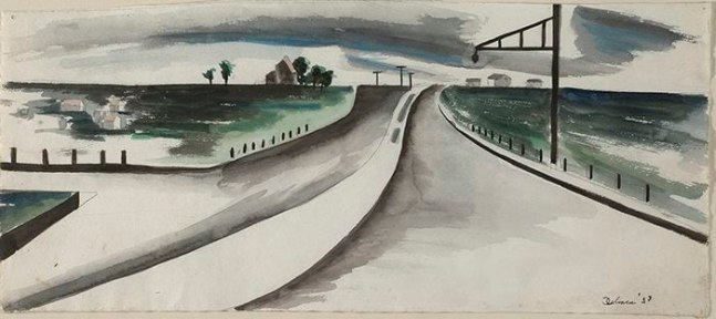 watercolor landscape of highway with signpost