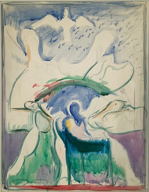 an abstract watercolor in bright colors with shapes that look like white birds reaching towards the sky