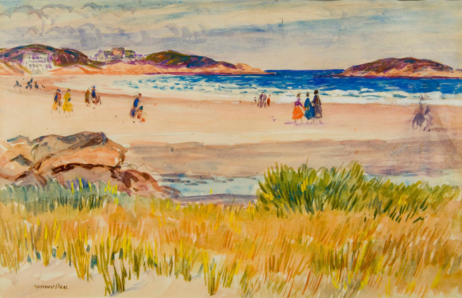 watercolor with a few figures on a beach near Boston