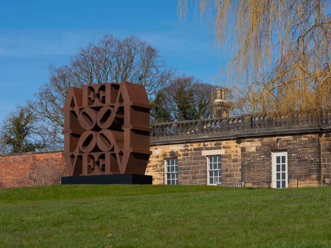 Robert Indiana's monumental Cor-Ten LOVE Wall on view at the Yorkshire Sculpture Park, 2022