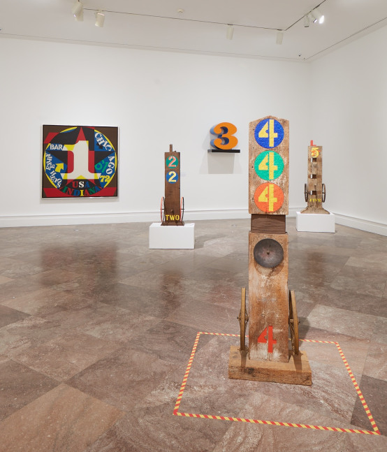 Installation view of Robert Indiana: A Sculpture Retrospective at the Albright-Knox Gallery of Art, Buffalo, 2018. Left to right, Decade: Autoportrait 1961 (1977), Two (1960&amp;ndash;62, cast 1991), THREE (1978&amp;ndash;2003), Four (1959&amp;ndash;62/1972), and Five (1984). Photo by Tom Powel Imaging