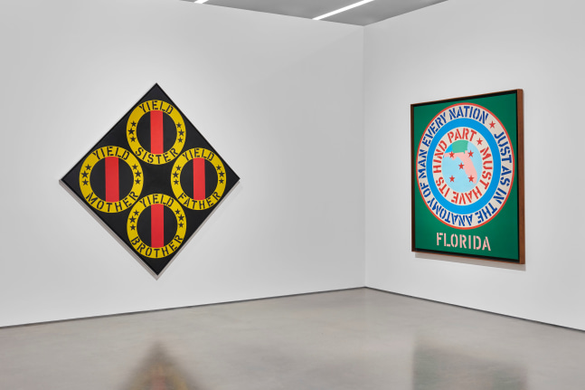 Installation view of Robert Indiana: The American Dream, Pace Gallery, New York, May 9&amp;ndash;August 15, 2025. Left to right, The Black Yield Brother III (1963&amp;ndash;64) and Florida (1966)