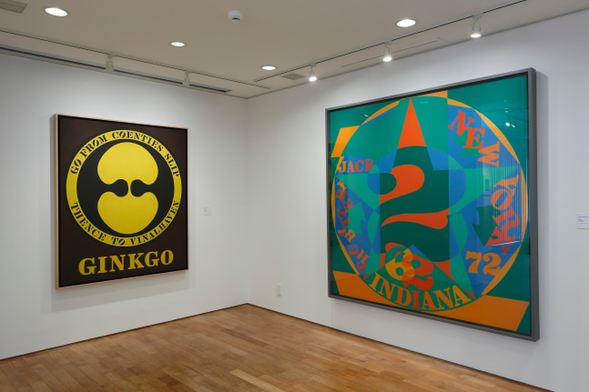 Installation view of Love &amp;amp; Peace: Robert Indiana Memorial Exhibition, Contemporary Art Foundation, Tokyo, November 27&amp;ndash;December 2, 2018. Left to right, Ginkgo (2000) and Decade: Autoportrait 1962 (1977)