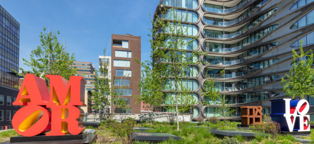 Installation view of Robert indiana, Kasmin Sculpture Garden, New York,&amp;nbsp;May 3, 2019&amp;ndash;February 28, 2020, left to right, AMOR (1998&amp;ndash;2006), AHAVA (1977&amp;ndash;2019), and LOVE (1966&amp;ndash;2000). Photo:&amp;nbsp;Christopher Stach. Courtesy of Kasmin Gallery, New York; Artwork: &amp;copy; The Robert Indiana Legacy Initiative/Artists Rights Society (ARS), NY