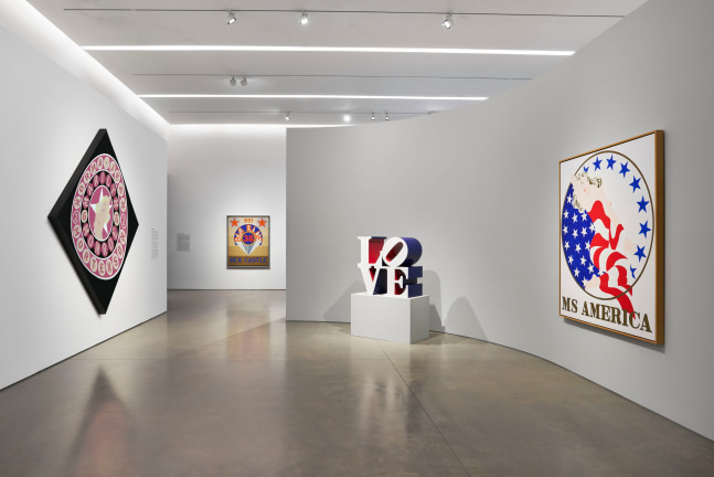 Installation view of Robert Indiana: The American Dream, Pace Gallery, New York, May 9&amp;ndash;August 15, 2025. Left to right, The Black Marilyn (1967/1998), New Castle (1969), The American LOVE (1966&amp;ndash;2000), and Ms America (2001)