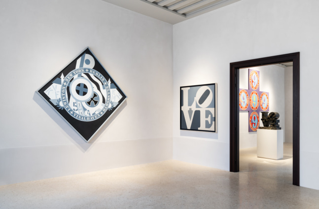Installation view of Robert Indiana: The Sweet Mystery, at Procuratie Vecchie, Venice, April 20&amp;ndash;November 24, 2024. Left to right,&amp;nbsp;KvF XI (Hartley Elegy) (1989&amp;ndash;94), LOVE (1966), The Ninth Love Cross (2001), and LOVE (1966&amp;ndash;2006).&amp;nbsp;Photo: Marco Cappelletti