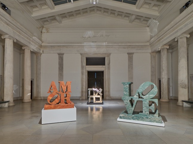 Installation view of Robert Indiana: A Sculpture Retrospective, Albright-Knox Art Gallery, Buffalo, New York, June 16&amp;ndash;September 23, 2018. Left to right, AMOR&amp;nbsp;1(998&amp;ndash;2009), AHAVA (1977&amp;ndash;2004), and LOVE (1966&amp;ndash;2009).&amp;nbsp;Photo: Tom Powel Imaging