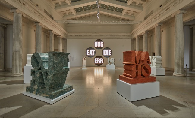 Installation view of Robert Indiana: A Sculpture Retrospective, Albright-Knox Art Gallery, Buffalo, June 16&amp;ndash;September 23, 2018. Left to right, LOVE (1966&amp;ndash;2009), LOVE (1966&amp;ndash;2005), The Electric American Dream (EAT/DIE/HUG/ERR) (2007&amp;ndash;2018), LOVE (1966&amp;ndash;2001), AMOR (1998&amp;ndash;2009), and LOVE (1966&amp;ndash;2006). Photo: Tom Powel Imaging