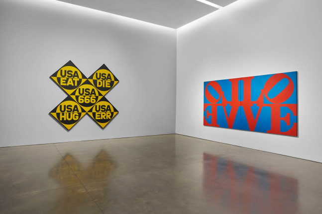 Installation view of Robert Indiana: The American Dream, Pace Gallery, New York, May 9&amp;ndash;August 15, 2025. Left to right,&amp;nbsp;USA 666 (The Sixth American Dream) (1964&amp;ndash;66) and The Imperial LOVE (1966)