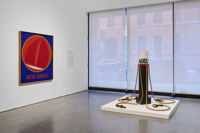 Installation view of Robert Indiana: The American Dream, Pace Gallery, New York, May 9&amp;ndash;August 15, 2025. Left to right, Red Sails (1963) and Flagellant (1963/1969)