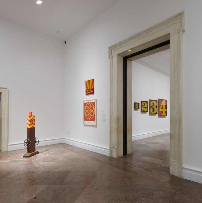 Installation view of Robert Indiana: A Sculpture Retrospective, Albright-Knox Art Gallery, Buffalo, June 16&amp;ndash;September 23, 2018. Left to right, Chief (1962, cast 1991), Chief (1969), The Calumet (1971), and Exploding Numbers (1964&amp;ndash;66). Photo: Tom Powel Imaging