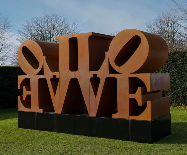 Indiana's Cor-Ten Imperial LOVE sculpture installed at the Yorkshire Sculpture Park, 2022