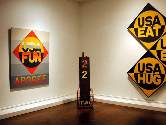 Installation view of Robert Indiana: Letters, Words and Numbers, C&amp;amp;M Arts, New York, February 13&amp;ndash;March 22, 2003. Left to right,&amp;nbsp;Apogee (1970), Two (1960&amp;ndash;62, cast 1991), and USA 666 (The Sixth American Dream) (1964&amp;ndash;66)