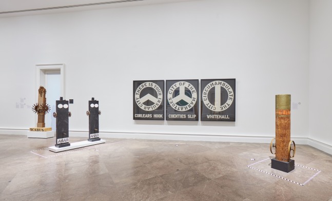 Installation view of Robert Indiana: A Sculpture Retrospective, Albright-Knox Art Gallery, Buffalo, June 16&amp;ndash;September 23, 2018. Left to right, Icarus (1992), Ahab (1962, cast 1991), Ahab (1960&amp;ndash;62), The Melville Triptych (1962), and Call Me Ishmael (1964/1998). Photo: Tom Powel Imaging