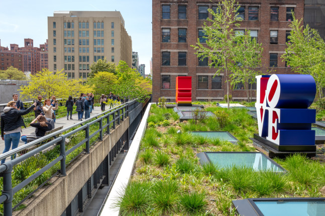 Installation view of Robert indiana, Kasmin Sculpture Garden, New York, May 3, 2019&amp;ndash;February 28, 2020, left to right, AMOR (1998&amp;ndash;2006) and LOVE (1966&amp;ndash;2000). Photo: Christopher Stach. Courtesy of Kasmin Gallery, New York; Artwork: &amp;copy; The Robert Indiana Legacy Initiative/Artists Rights Society (ARS), NY
