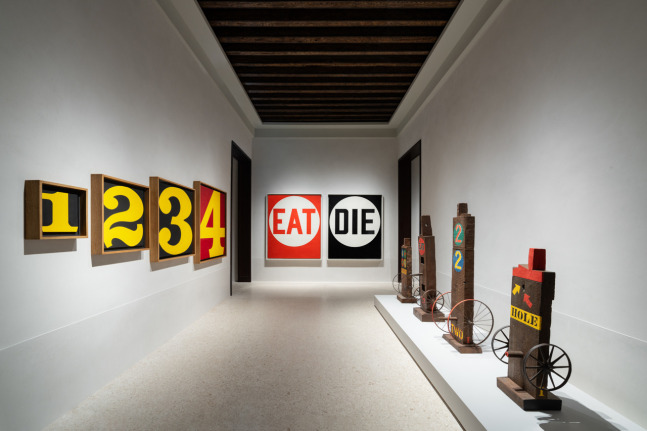 Installation view of Robert Indiana: The Sweet Mystery, at&amp;nbsp;Procuratie Vecchie, Venice,&amp;nbsp;April 20&amp;ndash;November 24, 2024. Left to right, Exploding Numbers (1964&amp;ndash;66), Eat/Die (1962), Womb (1960&amp;ndash;62), Eat (1962, cast 1991), Two (1960&amp;ndash;62, cast 1991), and Hole (1960, cast 1991). Photo:&amp;nbsp;Marco Cappelletti