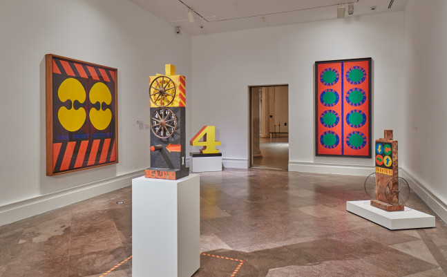 Installation view of Robert Indiana: A Sculpture Retrospective, Albright-Knox Art Gallery, Buffalo, June 16&amp;ndash;September 23, 2018. Left to right, The Sweet Mystery (1959&amp;ndash;62), Mate (1960&amp;ndash;62), FOUR (1978&amp;ndash;2003), The Slips (1959&amp;ndash;60), and Womb (1960&amp;ndash;62). Photo: Tom Powel Imaging