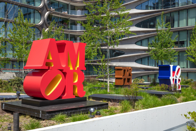 Installation view of Robert indiana, Kasmin Sculpture Garden, New York, May 3, 2019&amp;ndash;February 28, 2020, left to right, AMOR (1998&amp;ndash;2006), AHAVA (1977&amp;ndash;2019), and LOVE (1966&amp;ndash;2000). Photo: Christopher Stach. Courtesy of Kasmin Gallery, New York; Artwork: &amp;copy; The Robert Indiana Legacy Initiative/Artists Rights Society (ARS), NY