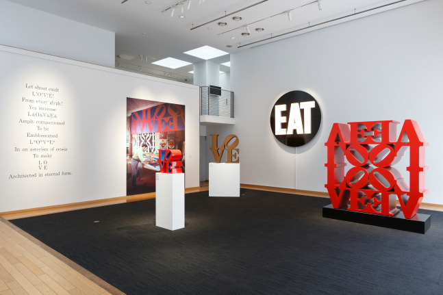 Installation view of Love &amp;amp; Peace: Robert Indiana Memorial Exhibition, Contemporary Art Foundation, Tokyo, November 27&amp;ndash;December 2, 2018. Left to right, LOVE (1966&amp;ndash;1999), LOVE (1966&amp;ndash;1999), The Electric EAT (1964&amp;ndash;2007), and LOVE Wall (1966&amp;ndash;2007)